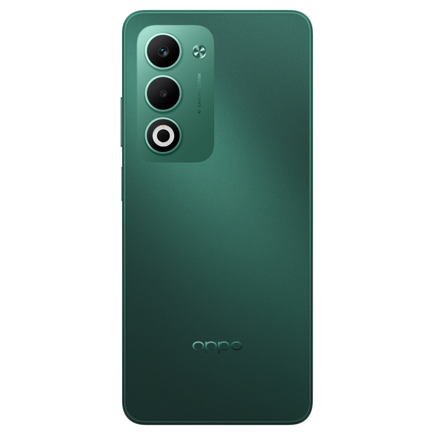 Yeşil Oppo telefonun arkası, üç kamerası ve AI CAMERA SYSTEM yazısı var. Altta Oppo logosu. Telefon mat yüzeye sahip.