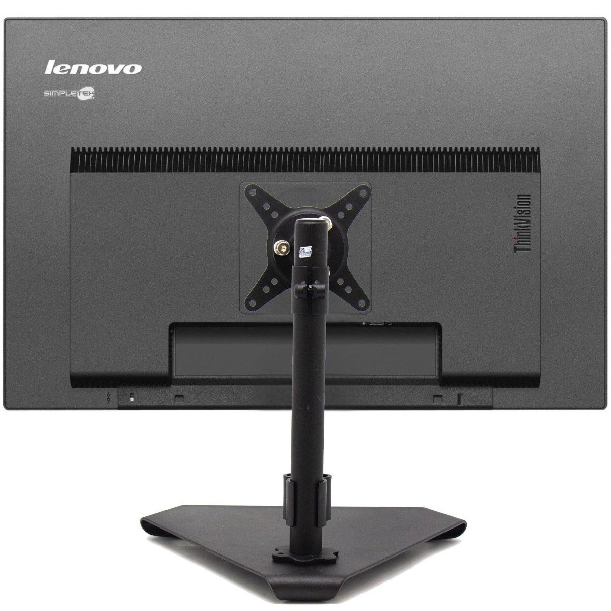 Retro di un monitor Lenovo ThinkVision con supporto. Schermo nero, logo Lenovo, staffa di montaggio e base nera.