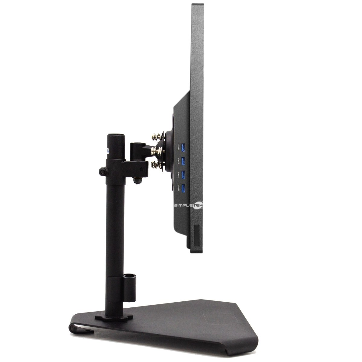 Vista laterale di un monitor nero. Il monitor è montato su un supporto nero. Il supporto ha una base e un palo verticale.