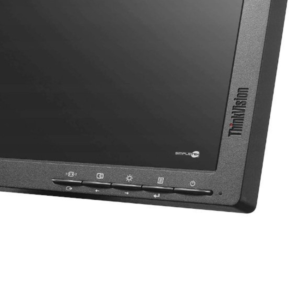 Vista ravvicinata di un monitor ThinkVision. Lo schermo è nero. Ci sono pulsanti di controllo in basso. Il monitor è grigio.