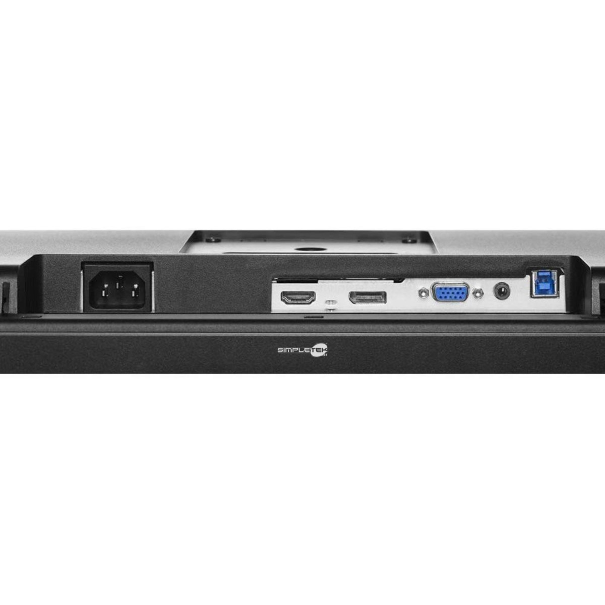 Retro di un monitor per computer con varie porte: alimentazione, HDMI, VGA, audio e USB. Il marchio 'SIMPLETECH' è visibile.