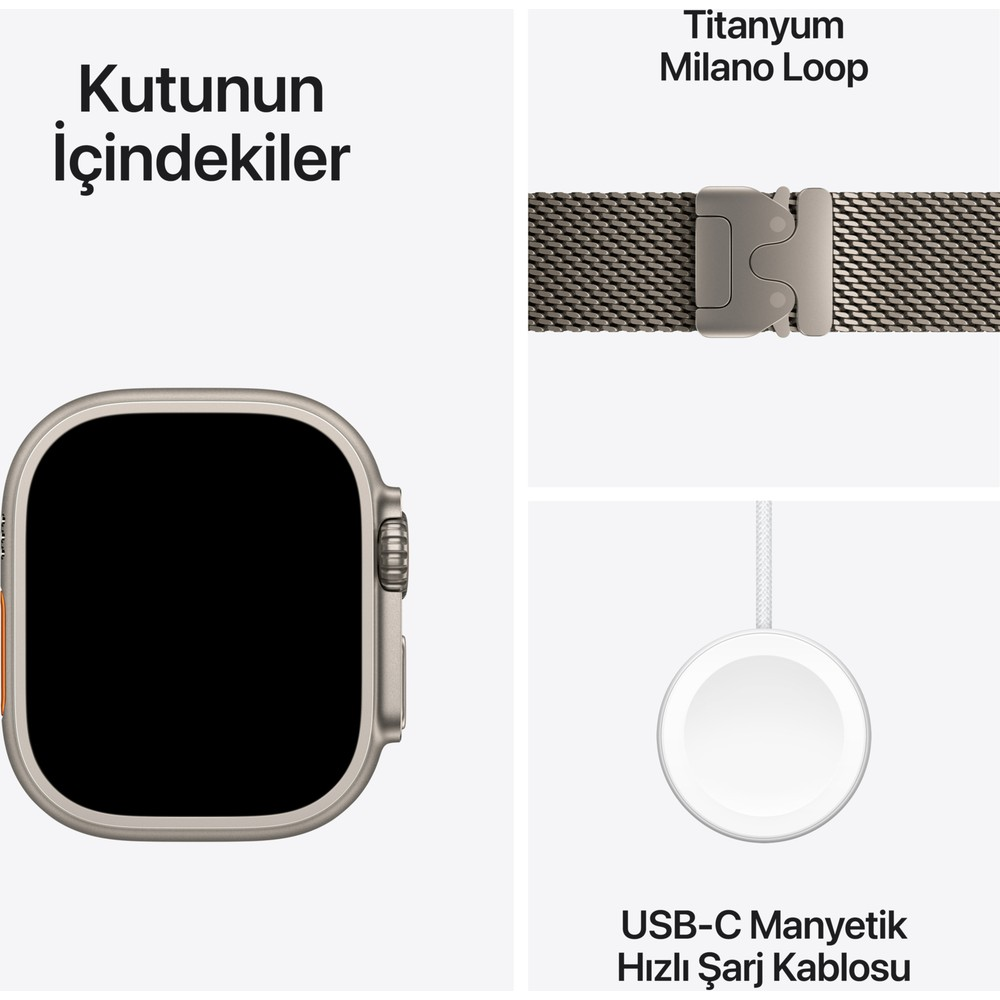 Görüntüde bir Apple Watch, bir Milanese Loop kayış ve bir USB-C manyetik hızlı şarj kablosu gösteriliyor.