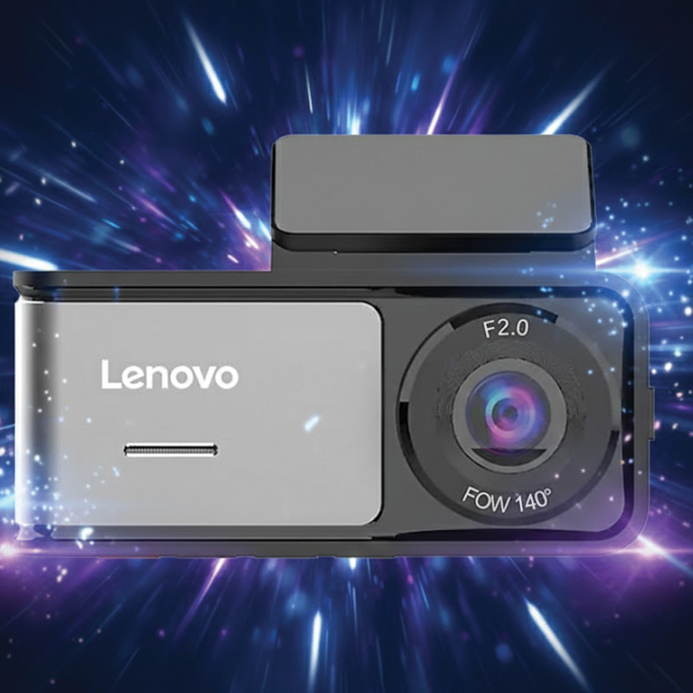 Bir Lenovo araç kamerası, mavi ve mor ışık patlaması arka planı önünde sergileniyor. Bir kamera merceği ve Lenovo logosu var.