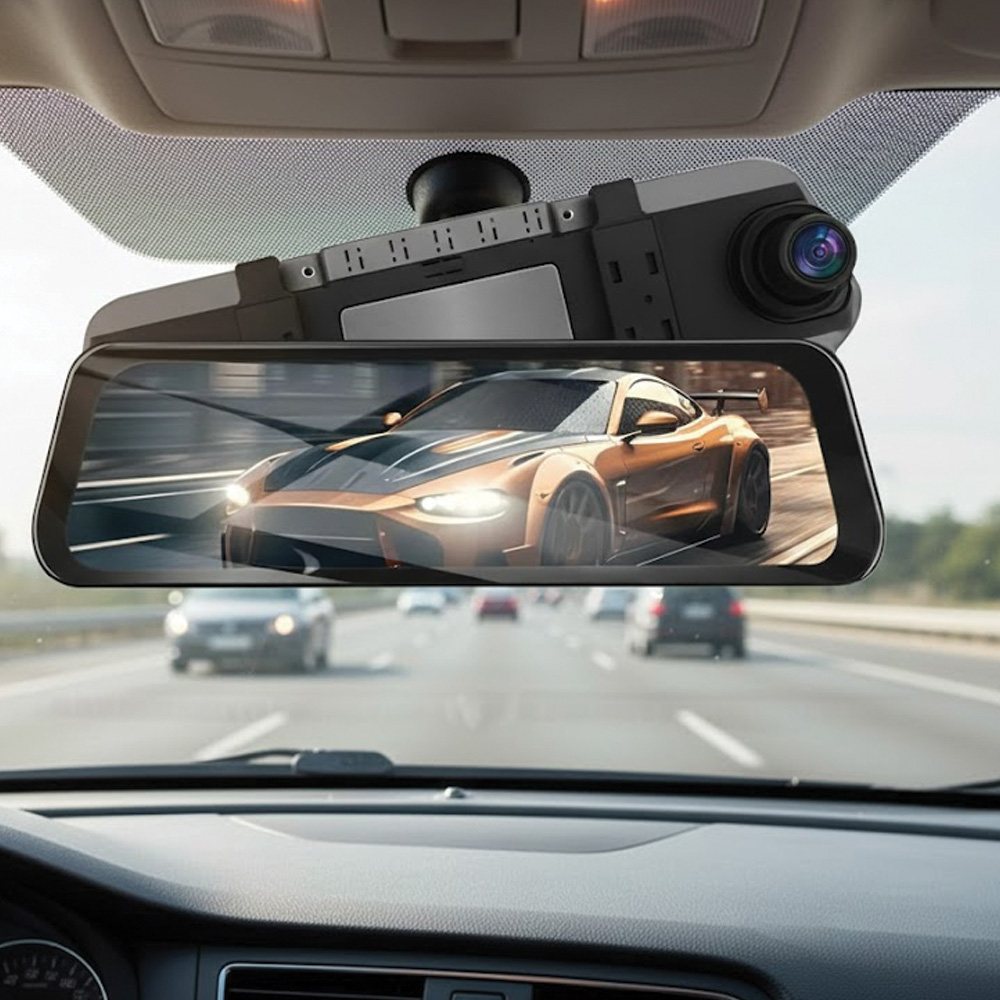 Araba gösterge paneli görünümü. Dikiz aynası otoyolda altın renkli bir araba gösteriyor. Ayna üzerinde dashcam.