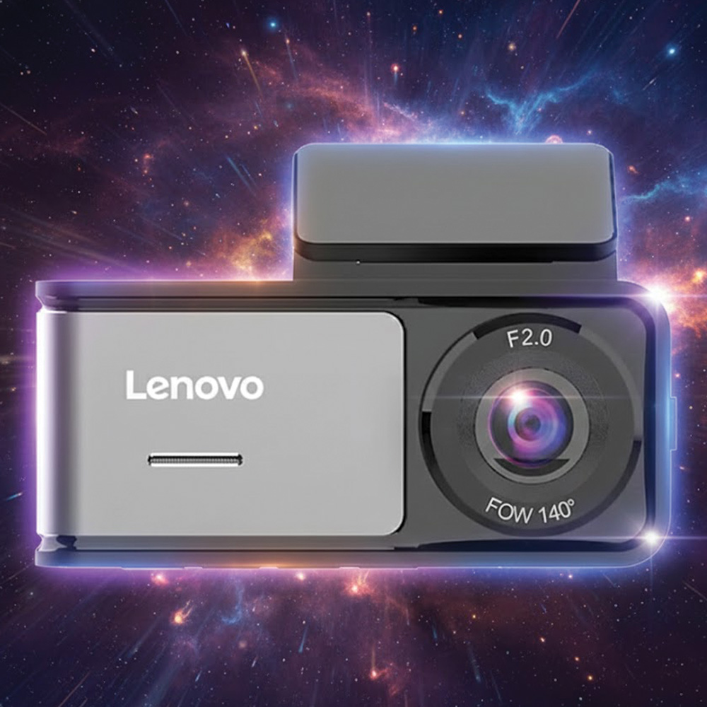 Bir Lenovo araç kamerası görüntüleniyor. Gri ve siyah, bir lens ve Lenovo yazısıyla. Arka plan uzay temalı.