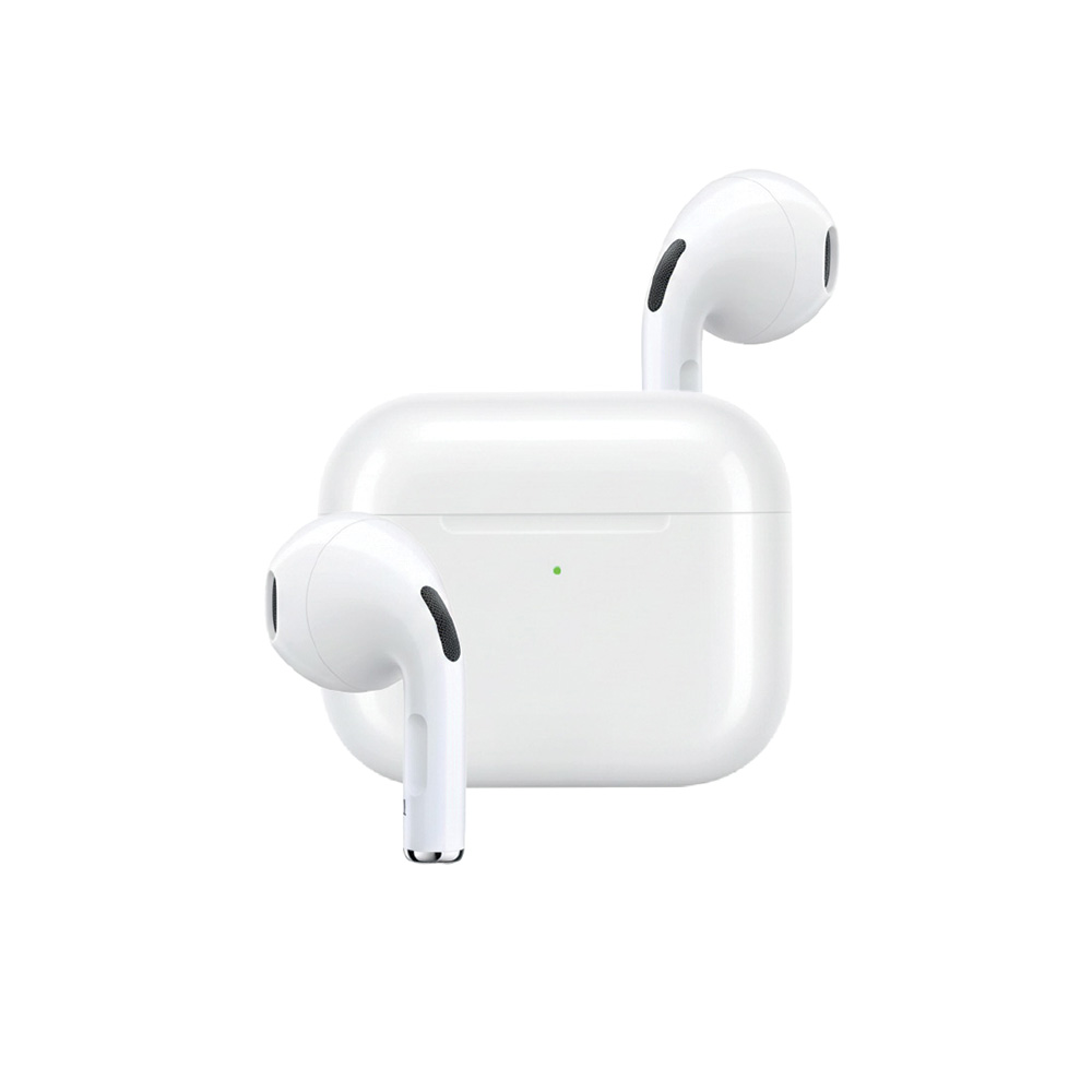 Beyaz AirPods Pro bir şarj kutusunda. Bir AirPod kutunun dışında. Arka plan beyaz.