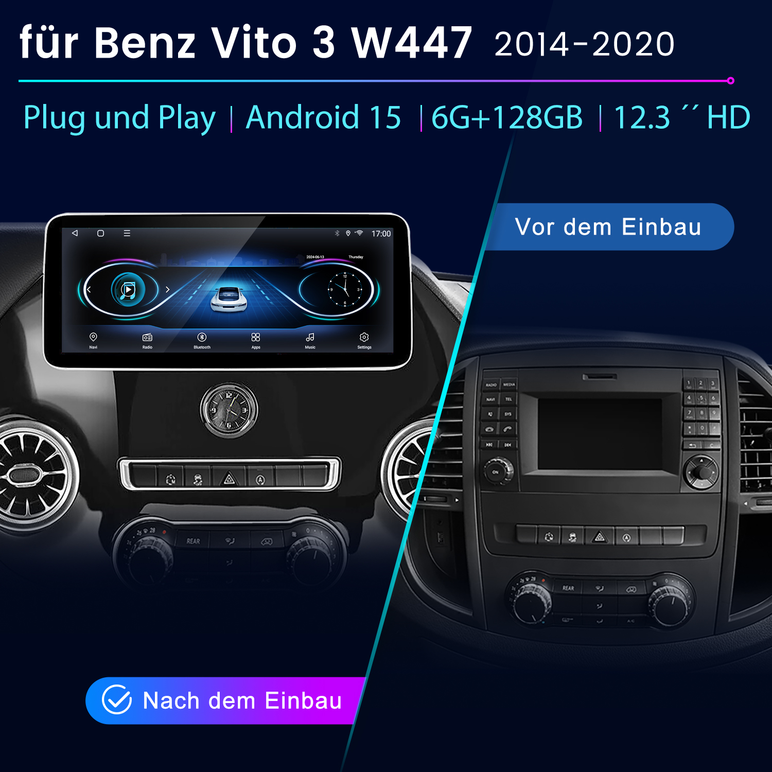 Deska rozdzielcza samochodu pokazująca przed i po instalacji ekranu. Zawiera nawigację, radio, Bluetooth i opcje aplikacji.