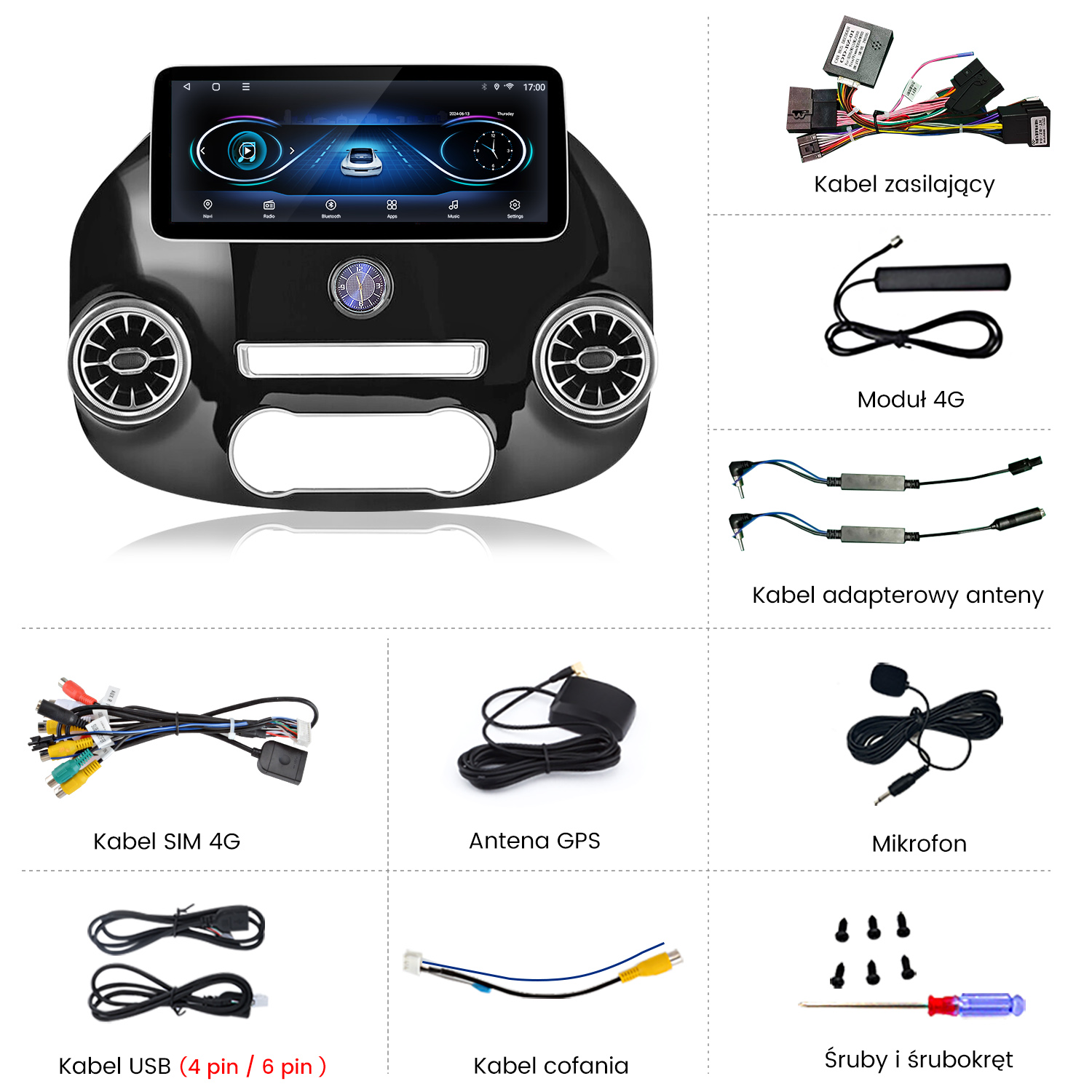 System stereo samochodowy z ekranem, wraz z różnymi kablami, anteną GPS, mikrofonem, śrubami i śrubokrętem.