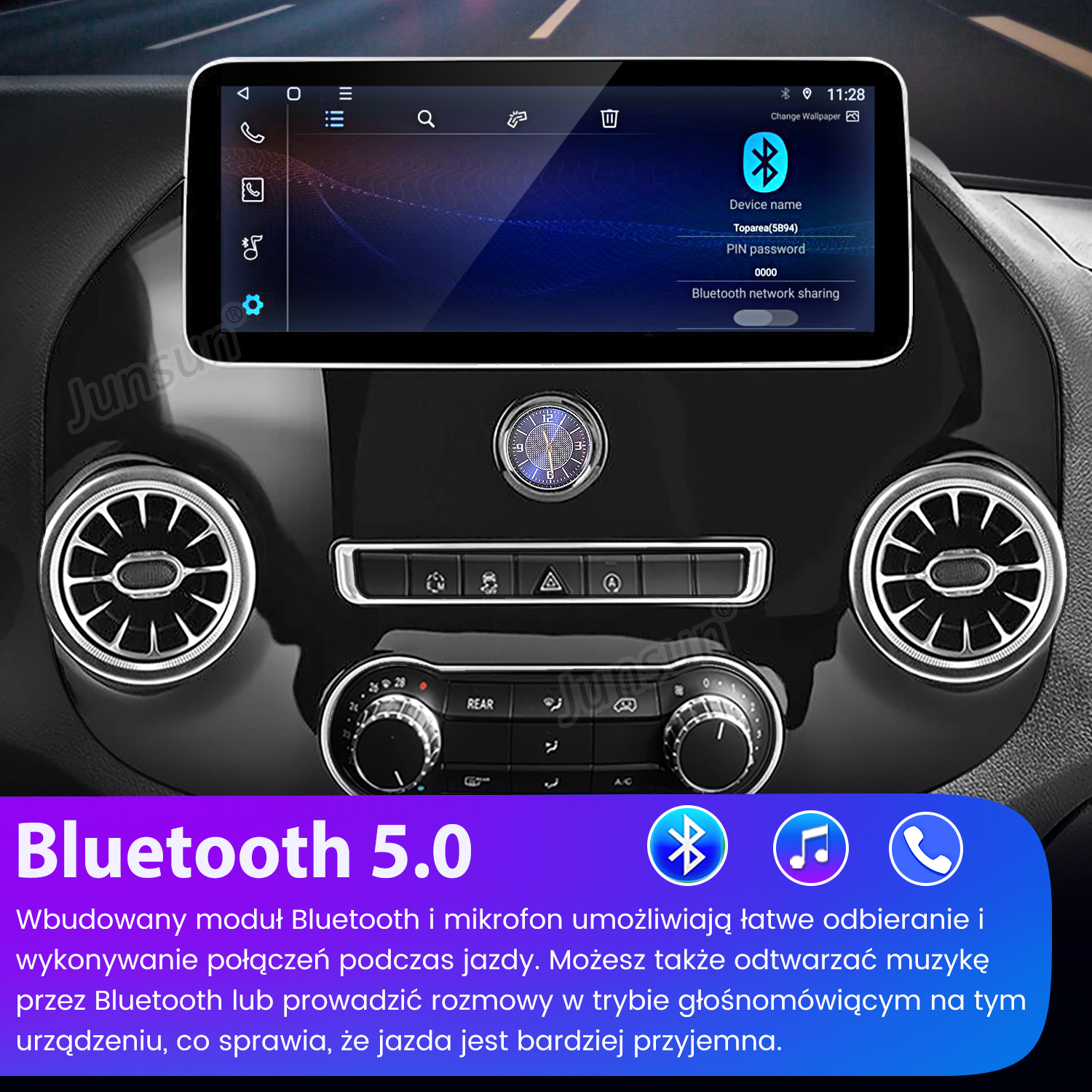Deska rozdzielcza samochodu z ekranem Bluetooth. Ekran wyświetla nazwę urządzenia, PIN i udostępnianie sieci Bluetooth.