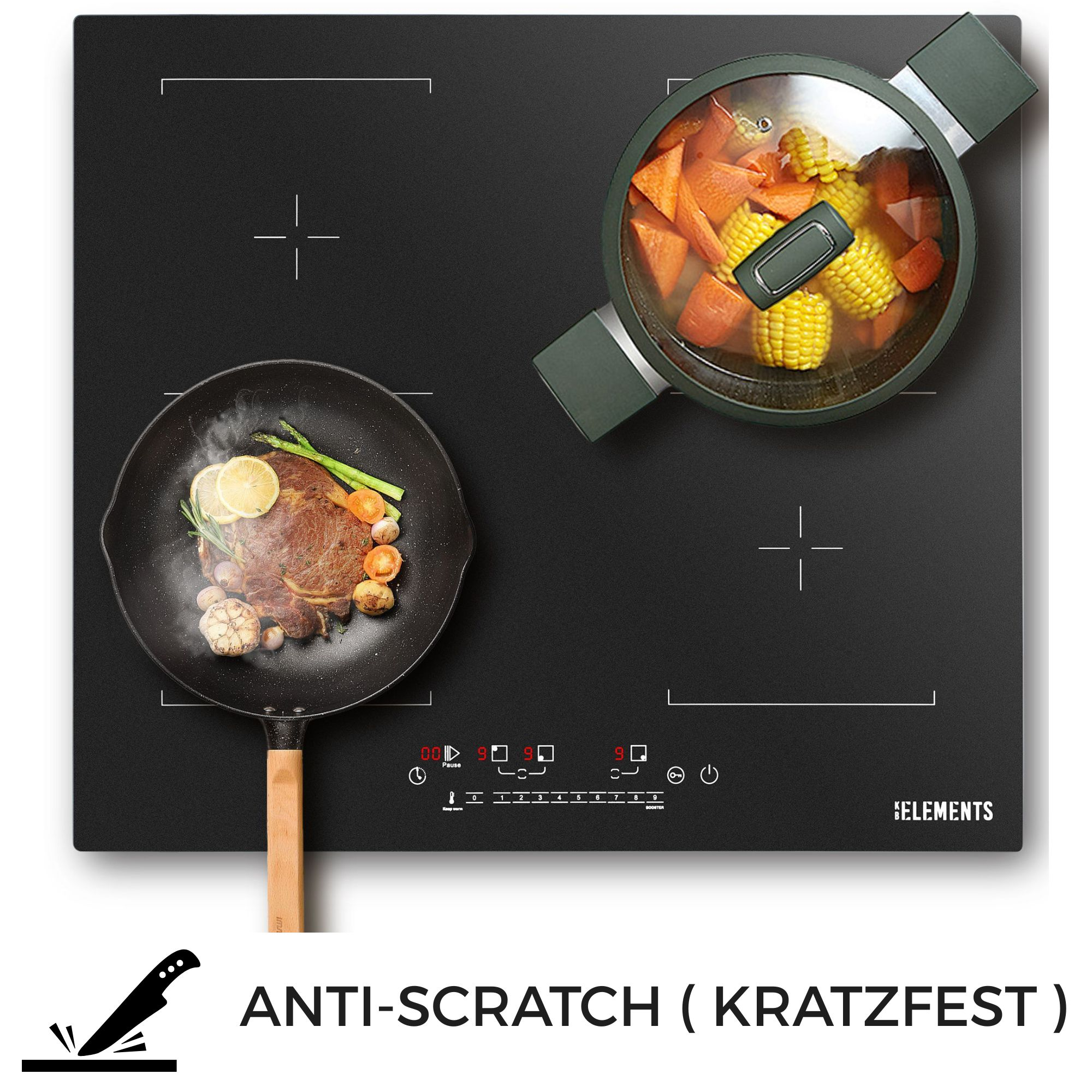 Schwarzes Induktionskochfeld mit Pfanne, Topf und Gemüse. Anti-Kratz-Text unten.