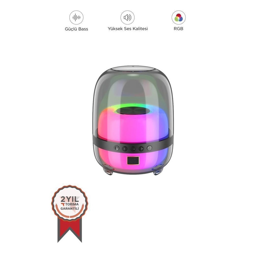 Şeffaf bir kaplamaya sahip, parlayan bir RGB hoparlör. Kontrol düğmeleri var. 2 yıllık garanti mührü sol alt köşede.