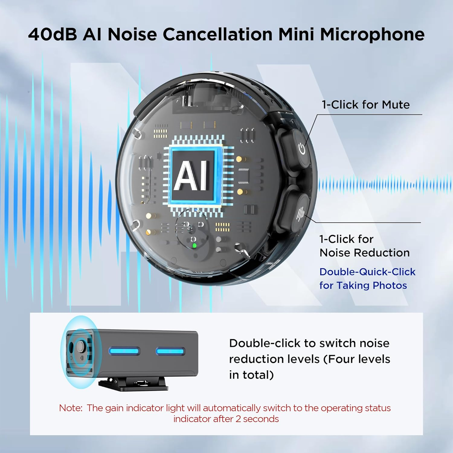 Un mini micrófono con cancelación de ruido AI. Tiene botones para silenciar, reducir el ruido y tomar fotos. Muestra niveles e indicadores.