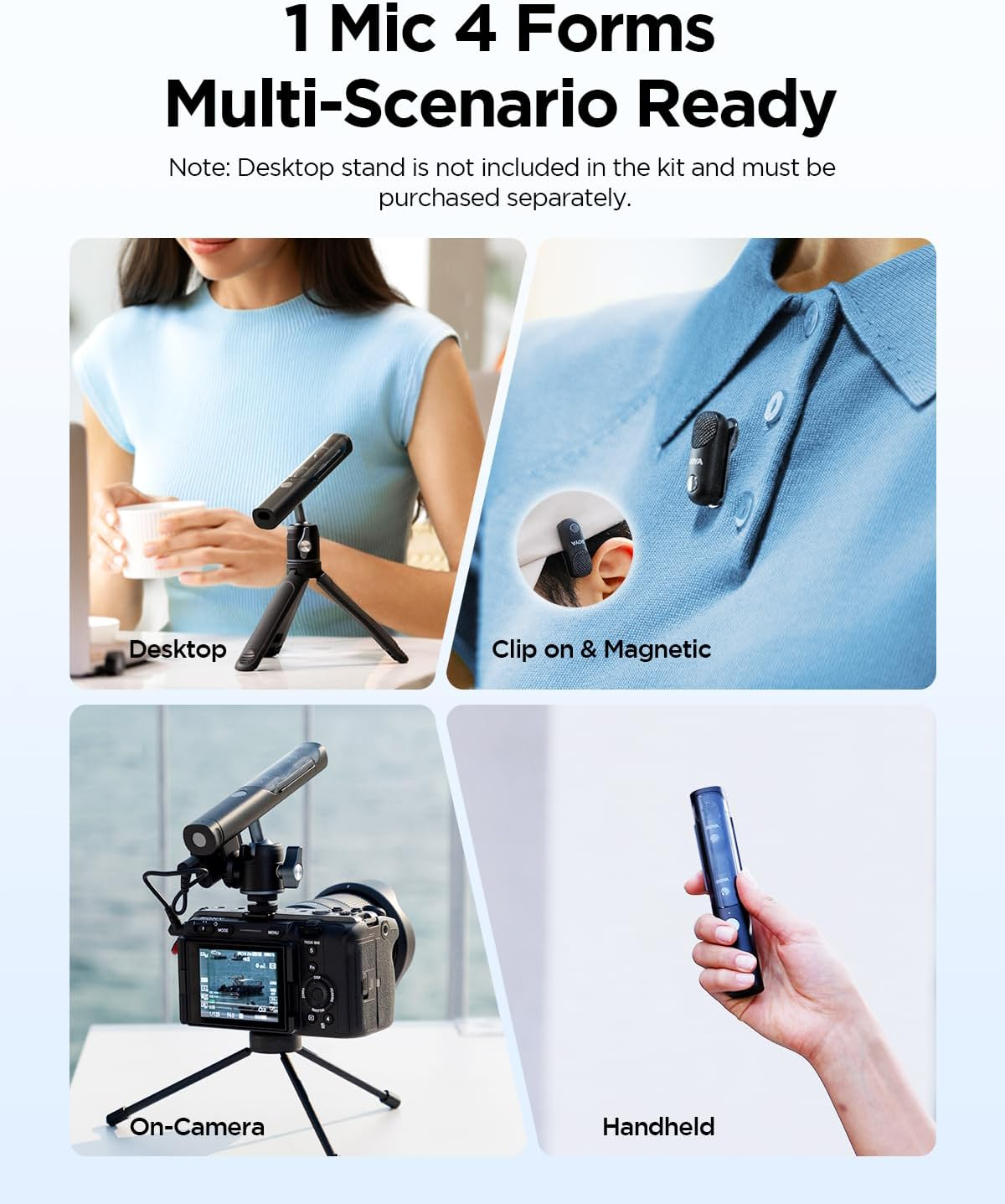 La imagen muestra un micrófono usado en cuatro escenarios: escritorio, clip, en cámara y de mano. Cada configuración se demuestra visualmente.