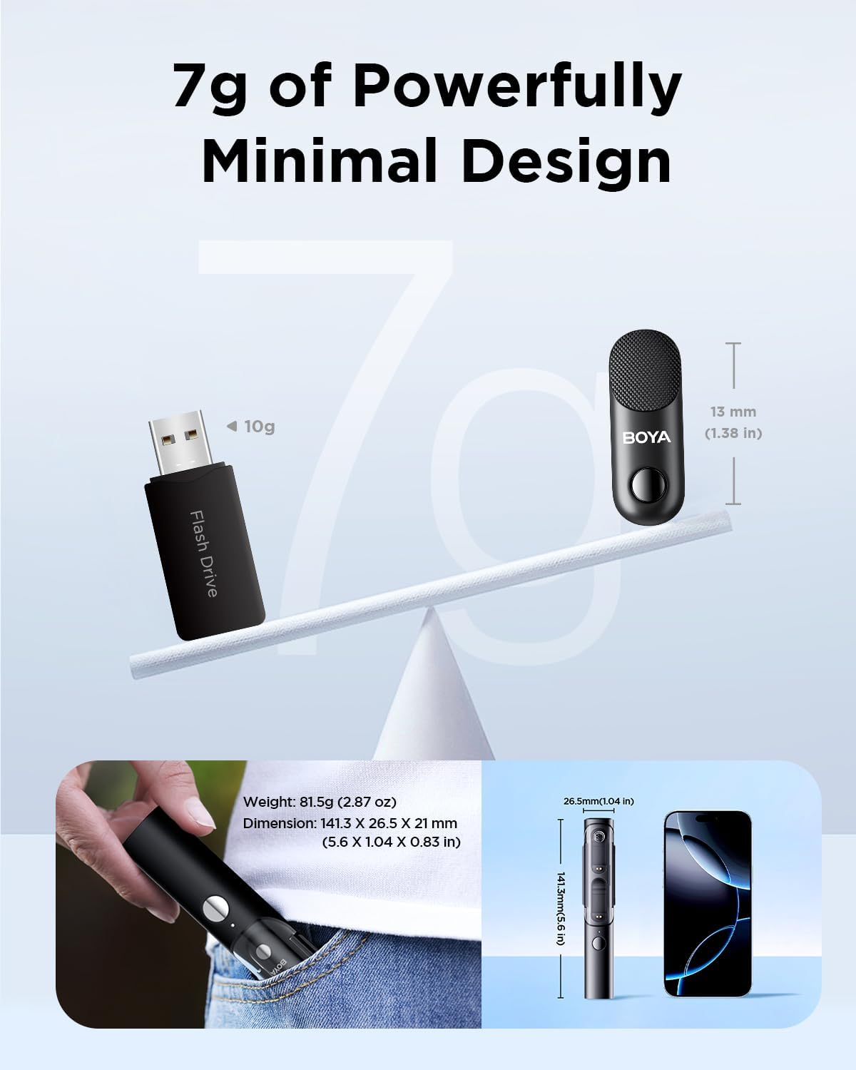 La imagen muestra una unidad flash, un micrófono y un teléfono. El texto dice '7g of Powerfully Minimal Design'. También se muestran el peso y las dimensiones.