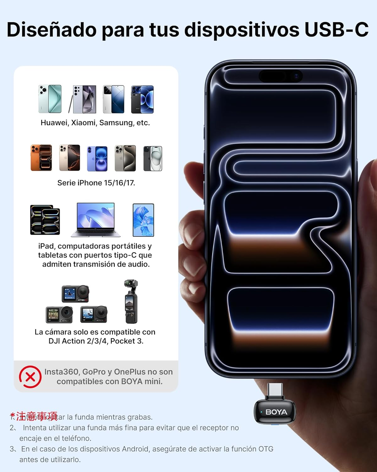 Un anuncio muestra dispositivos compatibles con conector USB-C. Se enumeran teléfonos, tabletas y cámaras. Una mano sostiene un adaptador BOYA.