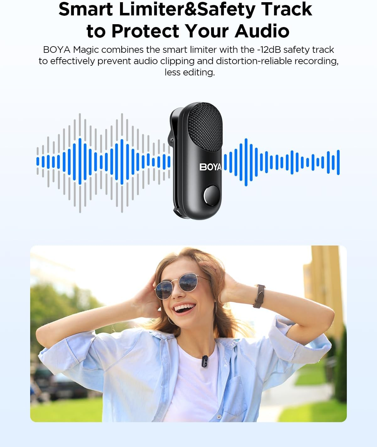 La imagen muestra a una mujer con gafas de sol y un micrófono. El texto dice 'Smart Limiter & Safety Track to Protect Your Audio'.
