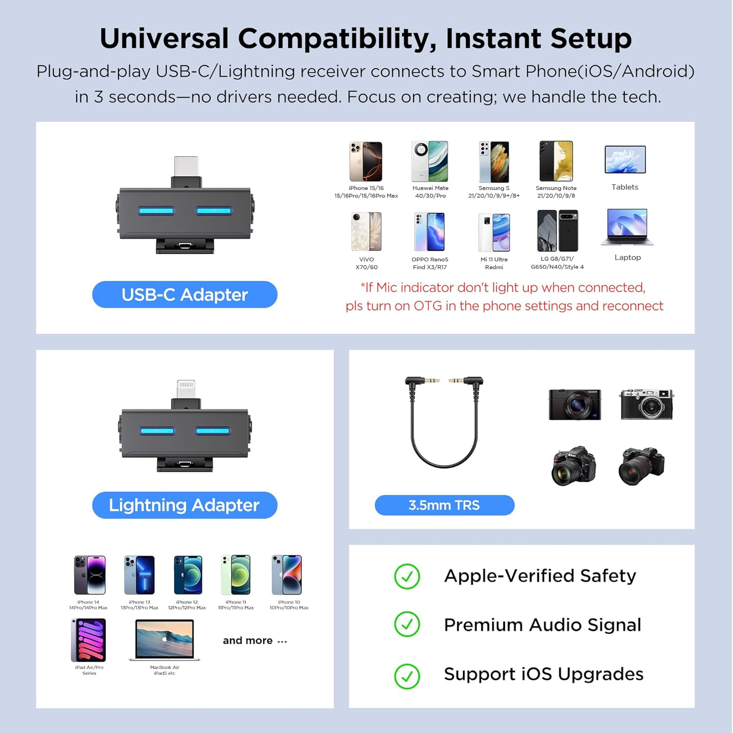 La imagen muestra adaptadores, teléfonos y cámaras, ilustrando la compatibilidad universal y la configuración instantánea.