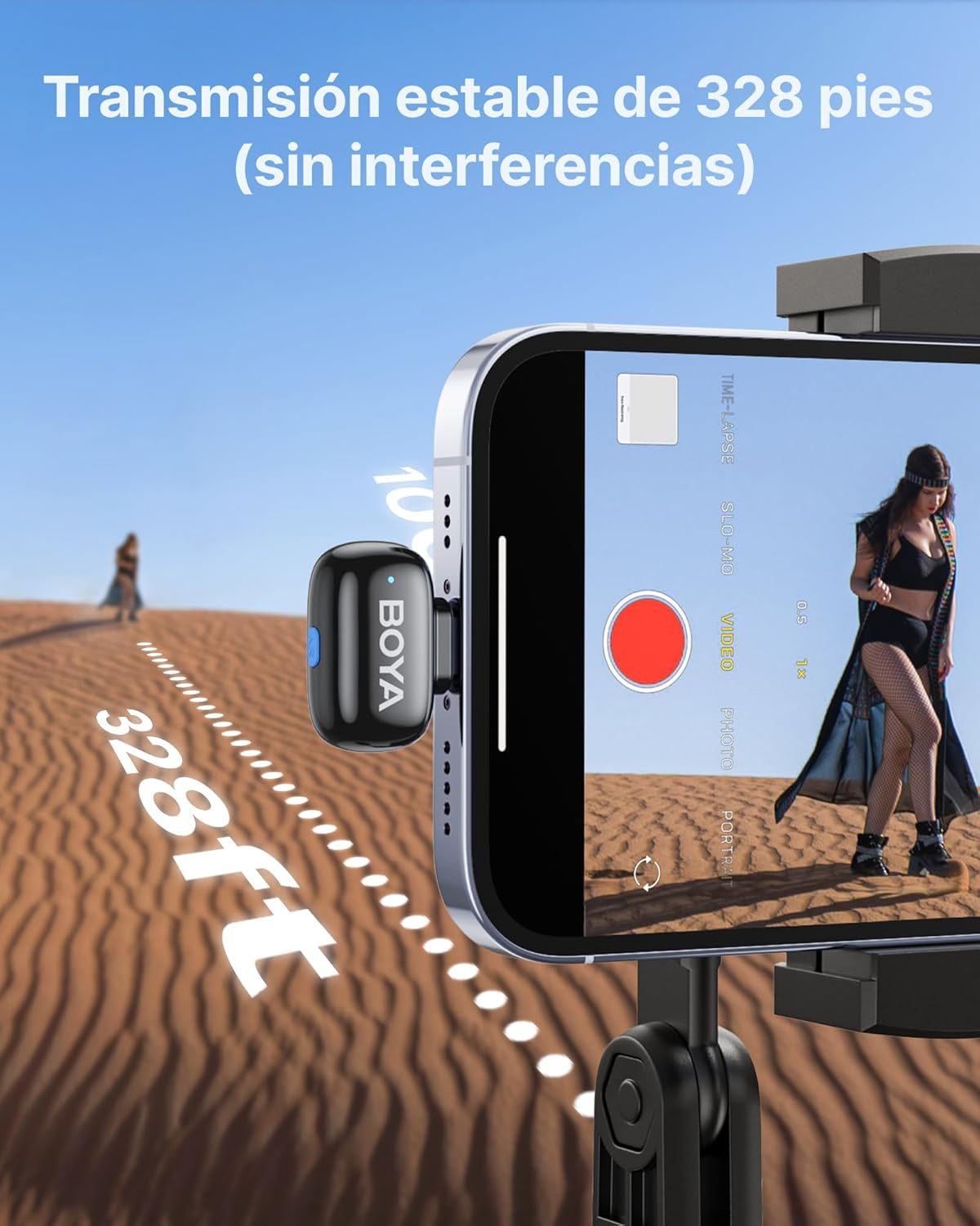 Un teléfono filmando a una mujer en un desierto. Un micrófono está conectado. El texto dice '328 pies' y 'Transmisión estable'.