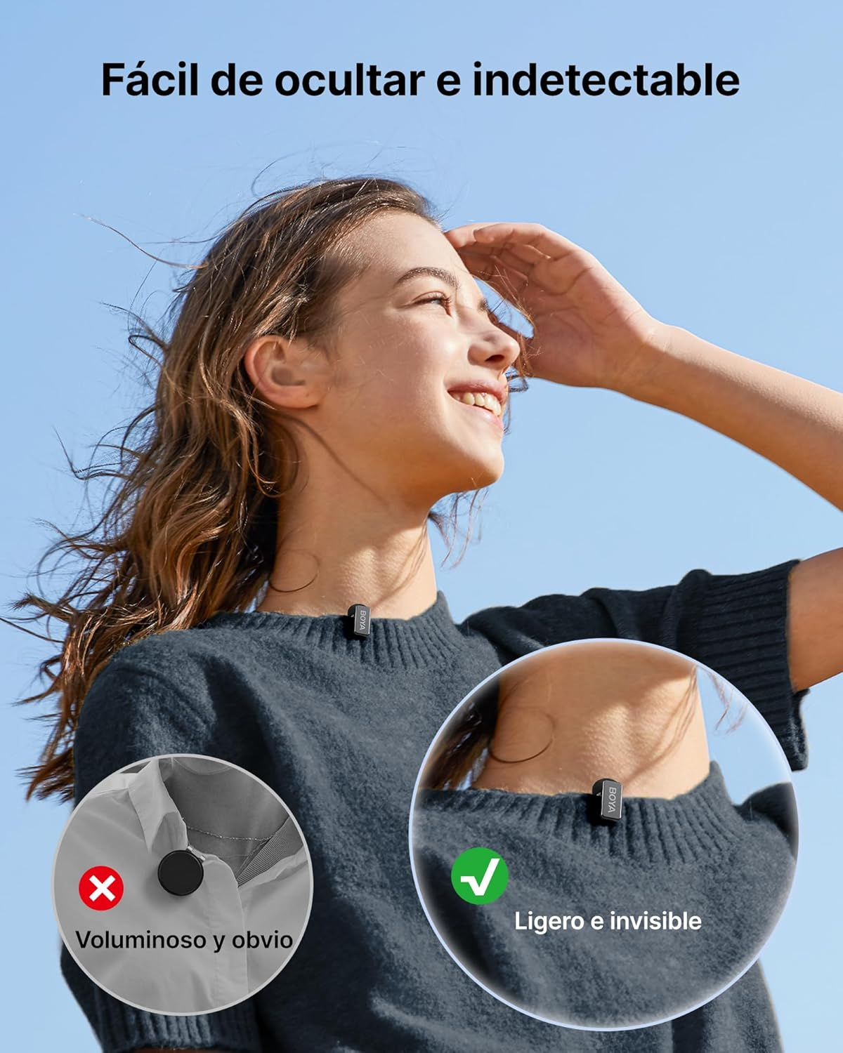Una mujer sonríe bajo un cielo azul, usando un micrófono. Los insertos muestran opciones de micrófono voluminosas frente a discretas, con texto en español.