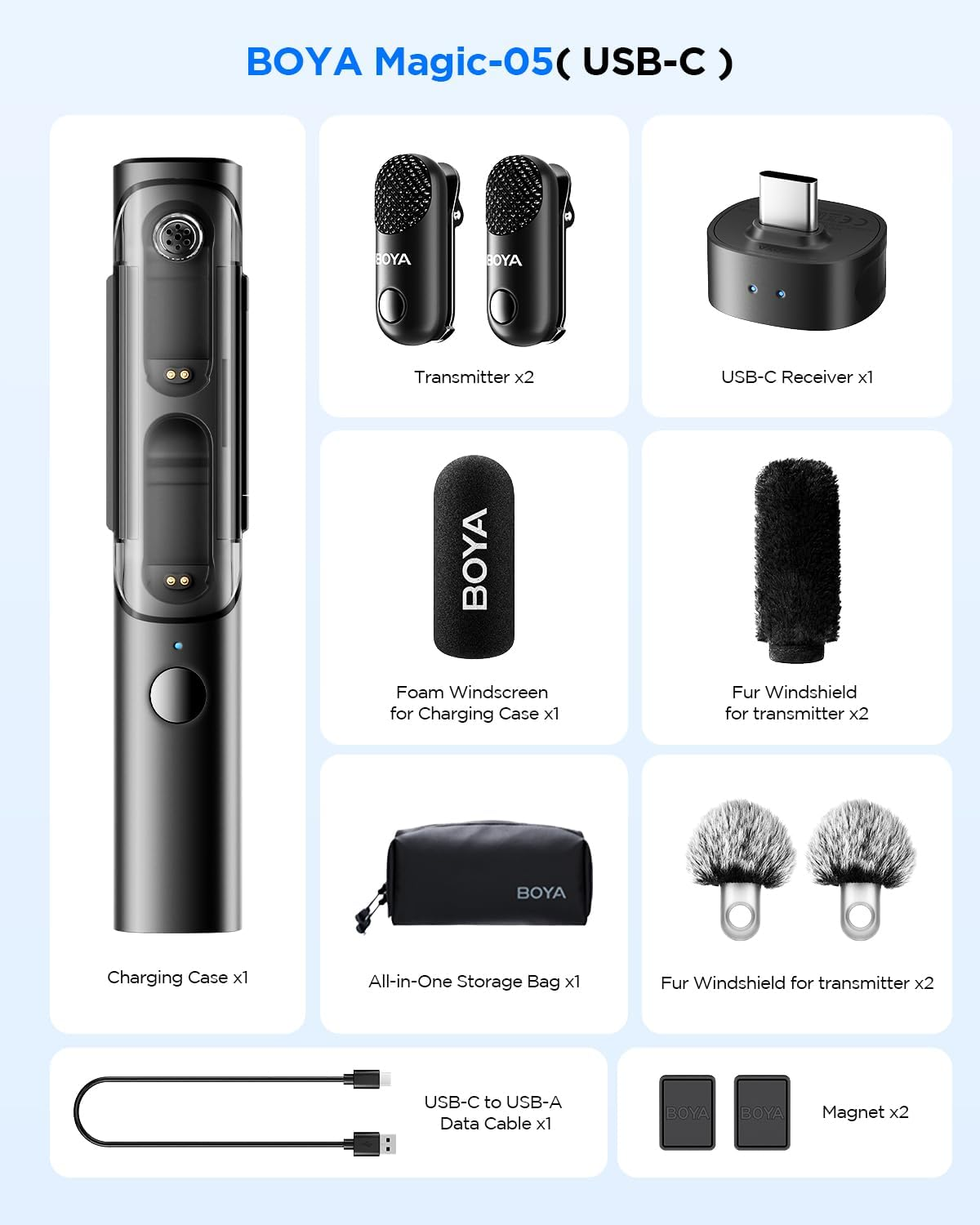 Kit BOYA Magic-05 USB-C. Incluye estuche de carga, transmisores, receptor, parabrisas, bolsa de almacenamiento, cable e imanes.
