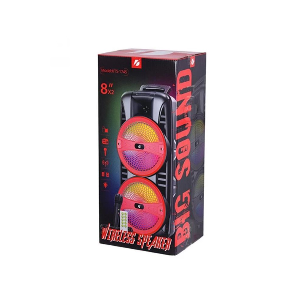 Kablosuz hoparlörlü bir kutu. Hoparlör, kırmızı ve sarı hoparlör kapaklarına sahip siyahtır. Metinde 'BIG SOUND' ve 'WIRELESS SPEAKER' yazıyor.