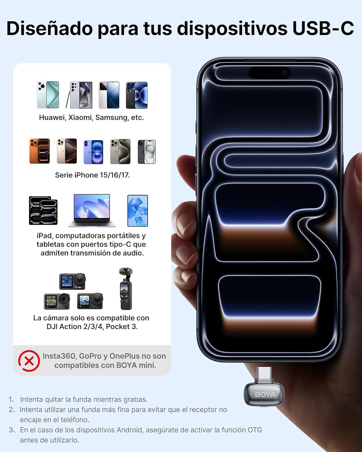 Un anuncio de dispositivos USB-C. Muestra teléfonos, tabletas y cámaras. Una mano sostiene un teléfono con un conector USB-C.