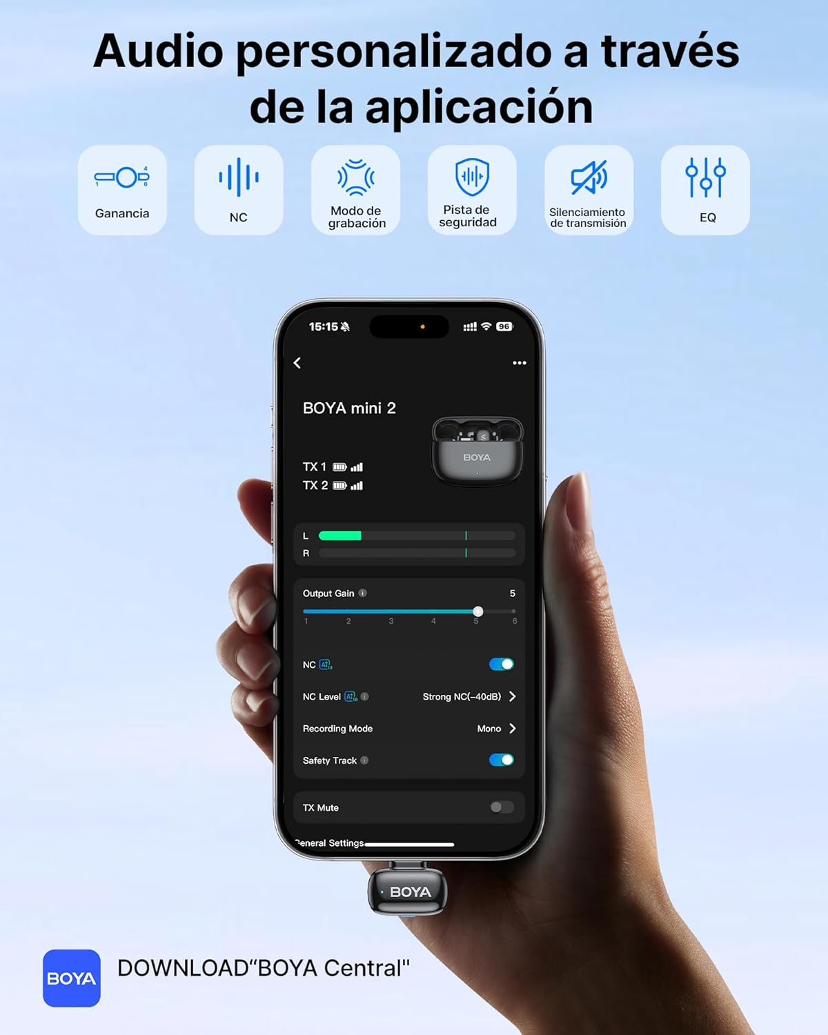 Un teléfono muestra la app BOYA mini 2. Iconos de ganancia, NC, grabación, seguridad, transmisión y ecualización son visibles. Una mano sostiene el teléfono.
