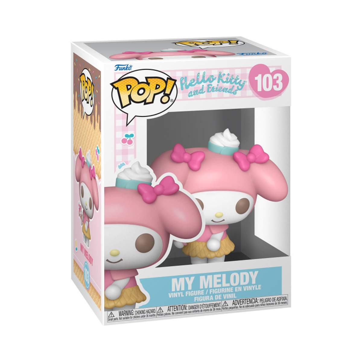 Pudełko Funko Pop z figurkami My Melody. Różowa postać z kokardą, białą twarzą i kremem na głowie. Na pudełku napis: POP!, Hello Kitty.