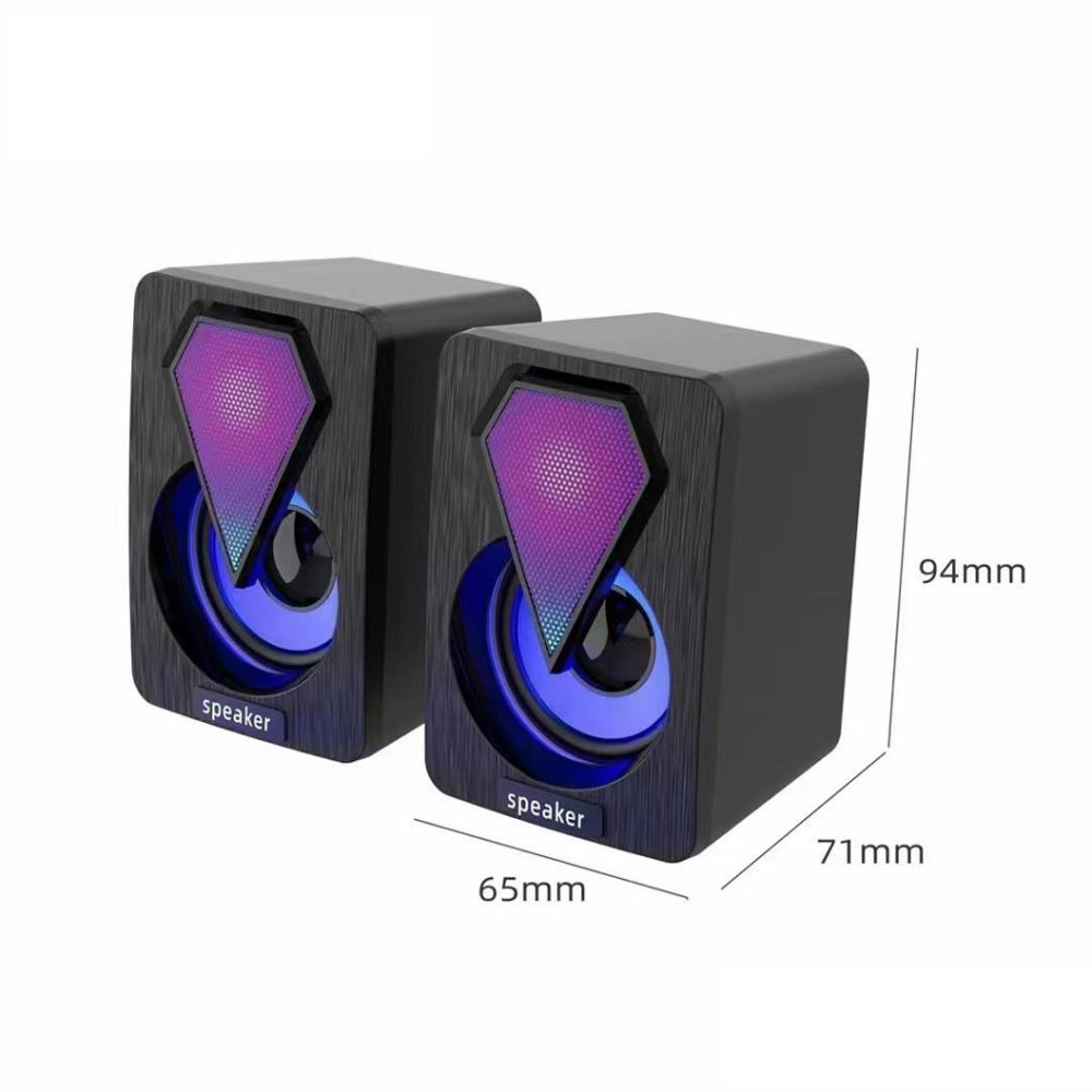 Mavi ve mor ışık tasarımına sahip iki siyah hoparlör. Boyutlar: 65 mm, 71 mm ve 94 mm.