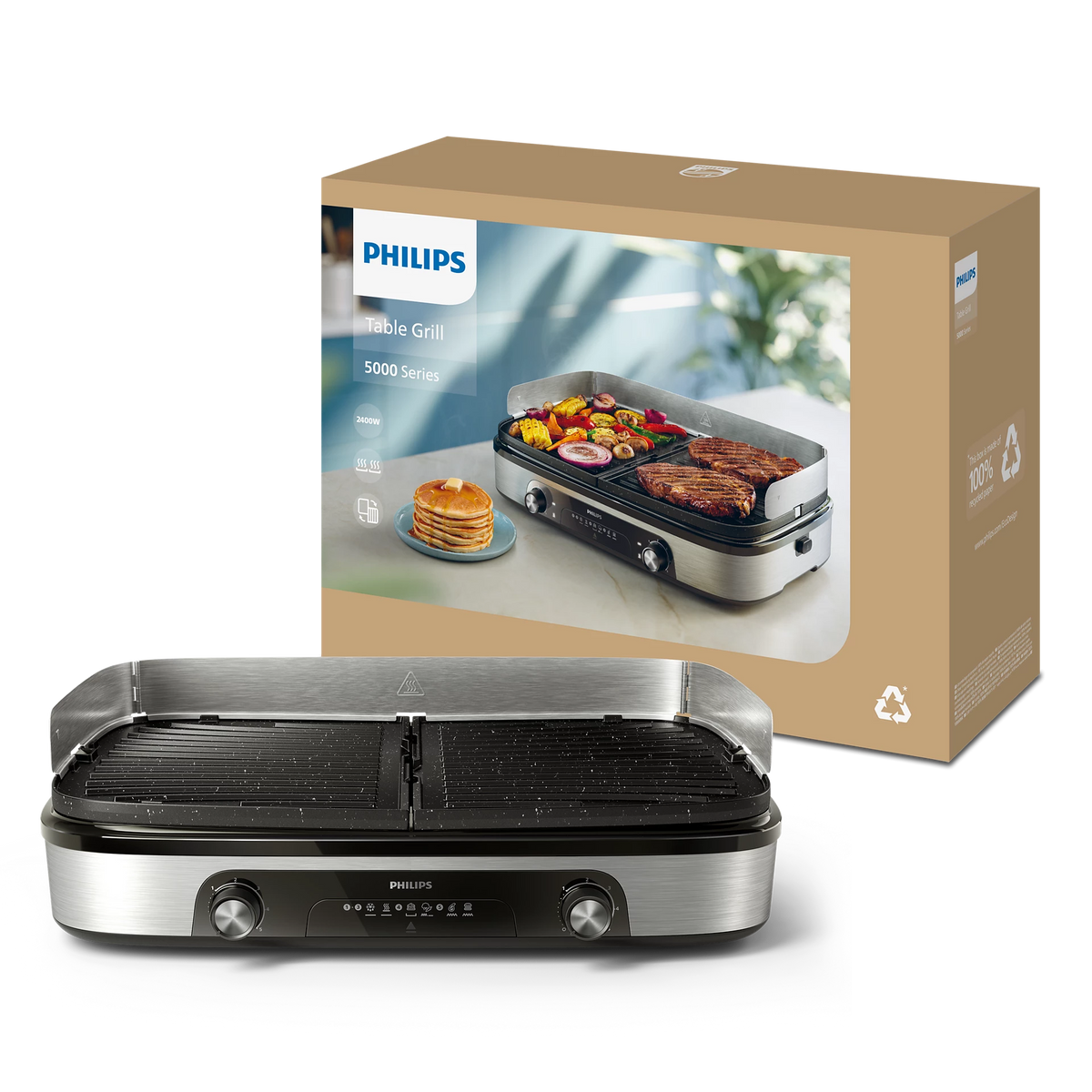 Ein Philips Tischgrill mit einer Box im Hintergrund. Die Box zeigt den Grill mit Essen. Der Vordergrund zeigt den eigentlichen Grill.