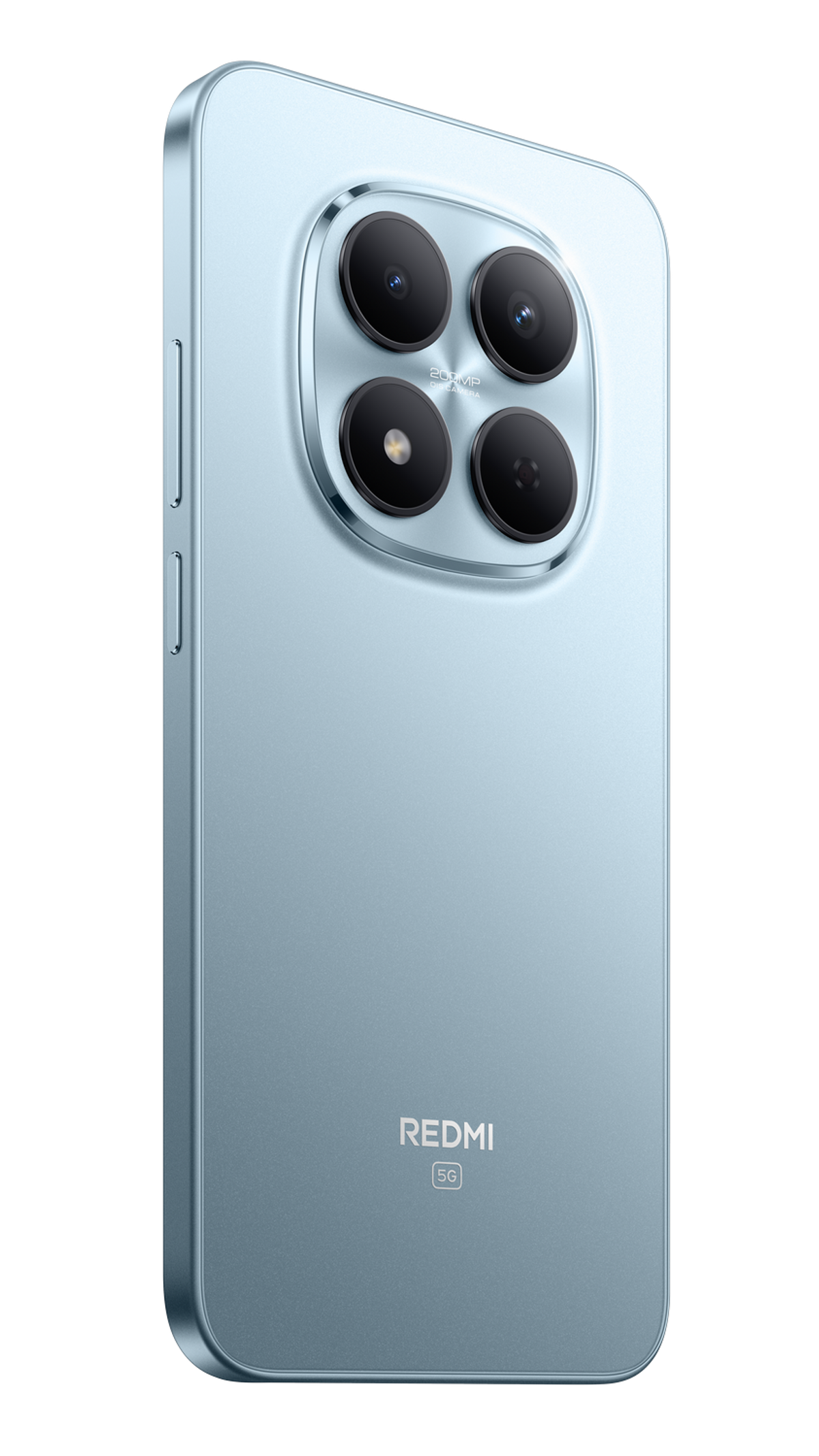 Jasnoniebieski telefon Redmi 5G. Ma cztery aparaty i logo Redmi z tyłu. Tło jest czarne.