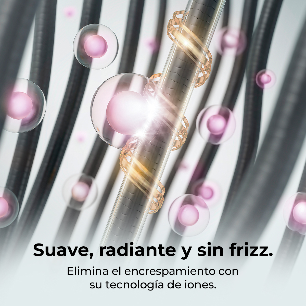 Primo piano di ciocche di capelli con spirali dorate e sfere rosa, che rappresentano l'effetto di un prodotto. Testo: Lisci, radiosi e senza crespo.