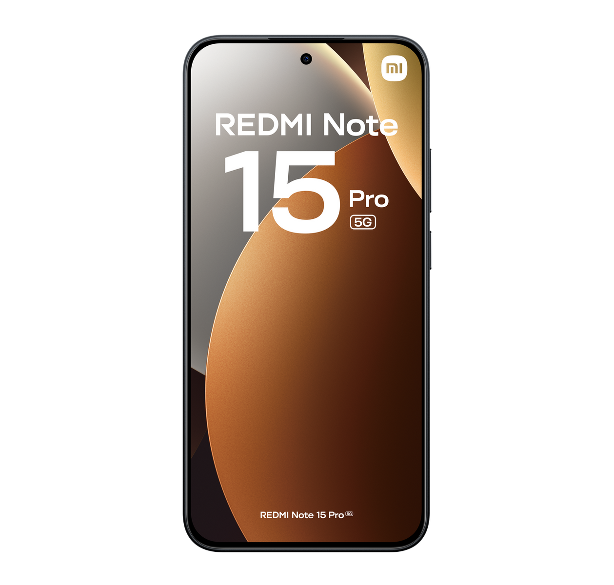 Telefon Redmi Note 15 Pro 5G na czarnym tle. Wyświetla nazwę i model telefonu.