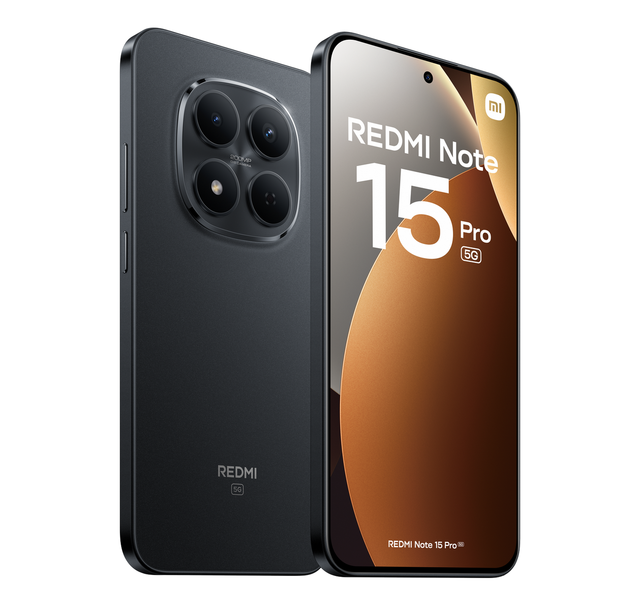 Ciemnoszary telefon Redmi Note 15 Pro 5G. Telefon ma aparat z czterema obiektywami i ekran z marką Redmi.