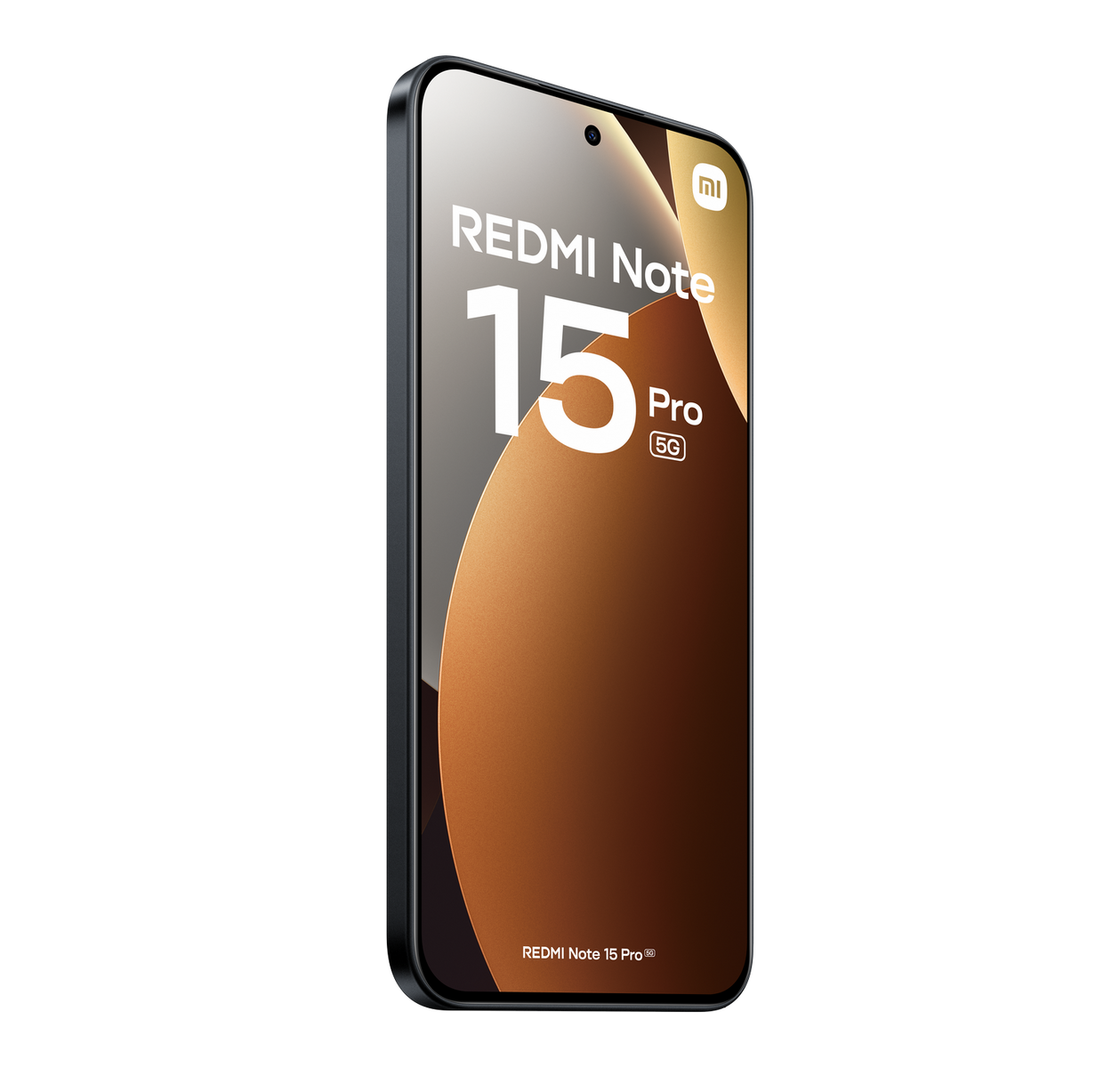 Smartfon Redmi Note 15 Pro 5G. Ekran wyświetla nazwę i numer modelu telefonu. Ma czarną ramkę i brązowe tło.