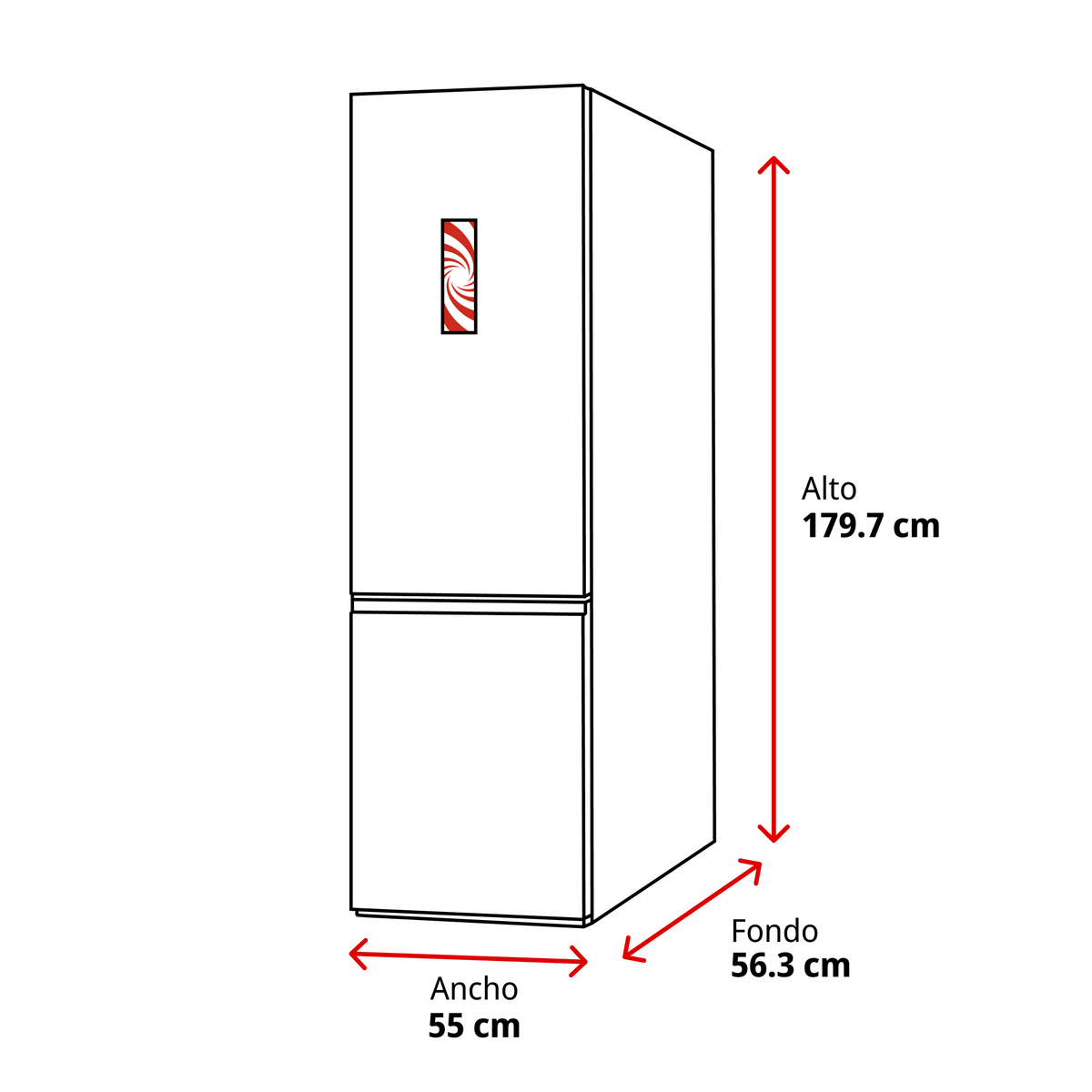 Biała lodówka z wymiarami. Wysokość: 179,7 cm, Szerokość: 55 cm, Głębokość: 56,3 cm. Czerwony spiralny wzór na drzwiach.