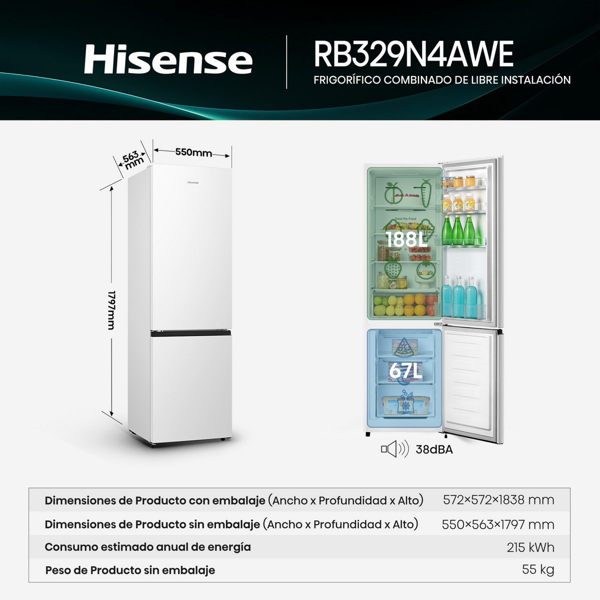 Biała lodówka Hisense z otwartymi drzwiami pokazującymi półki z produktami spożywczymi. Wymiary i zużycie energii są wymienione poniżej.