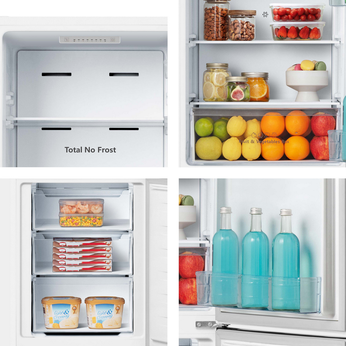 Wnętrze lodówki z owocami, warzywami i innymi produktami spożywczymi. Zawiera pojemnik na owoce, butelki i szuflady z mrożonkami.