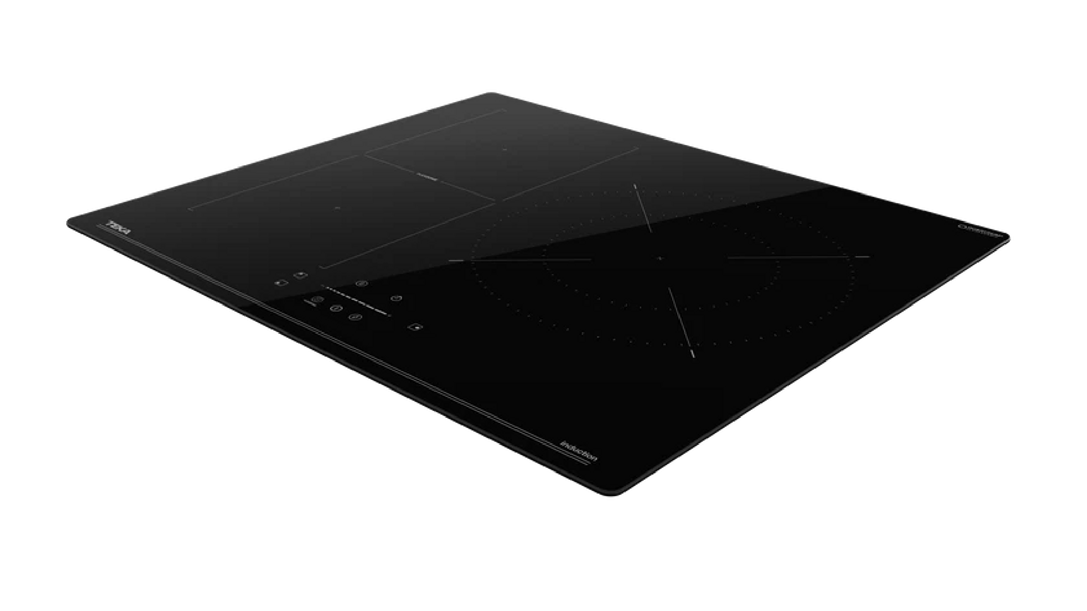 Czarna płyta indukcyjna z elementami dotykowymi i okrągłymi strefami gotowania. Marka to Teka. Tło jest czarne.