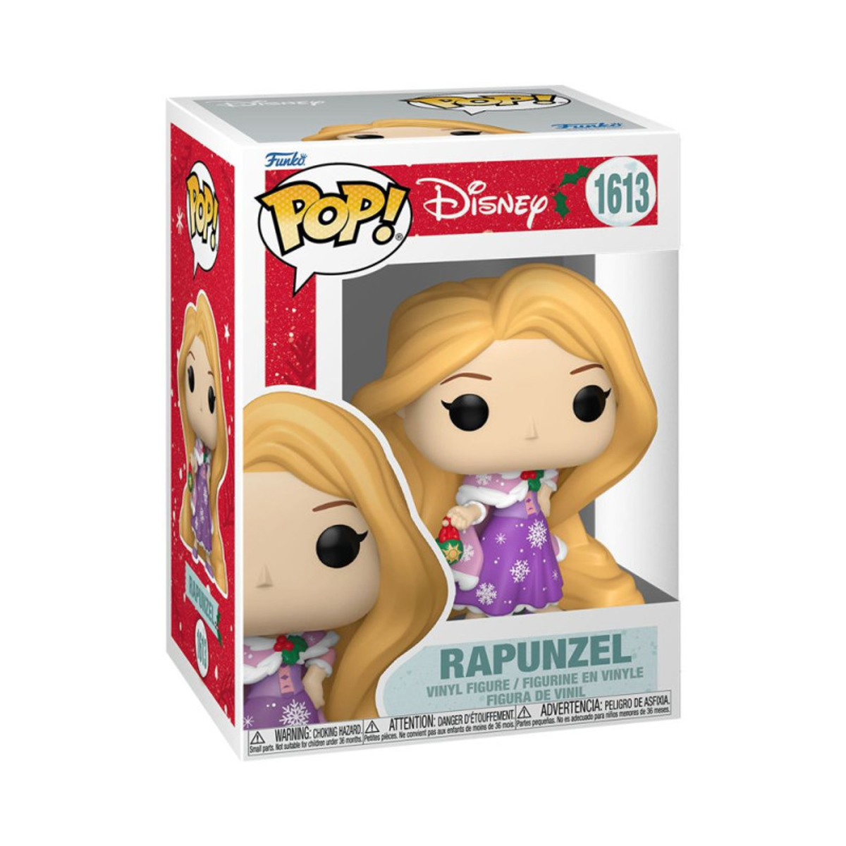 Una caja Funko Pop de Rapunzel. La figura tiene cabello rubio, un vestido morado y un abrigo de invierno. La caja dice "POP! Disney".