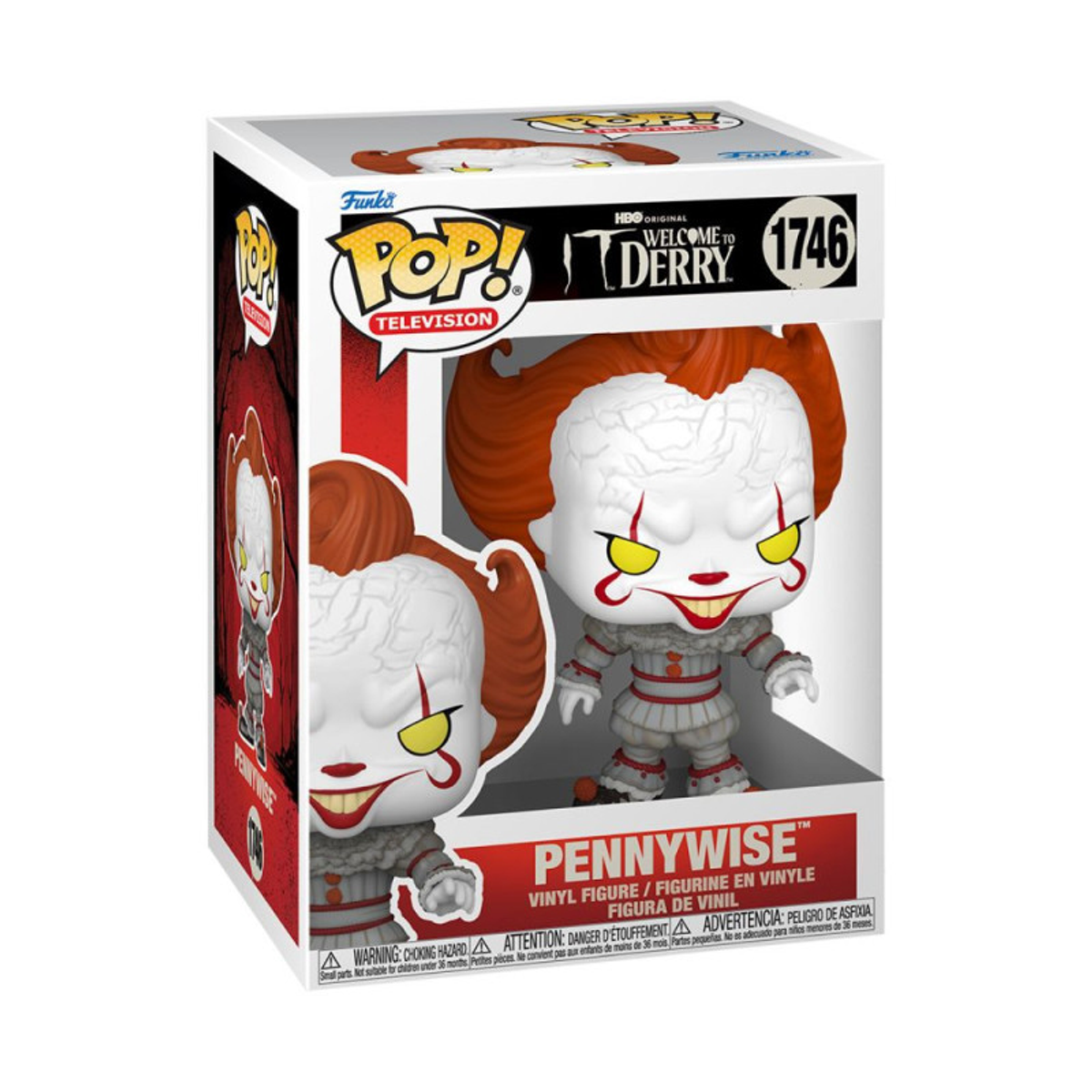 Eine Funko Pop-Box mit einer Pennywise-Figur. Die Figur hat ein weißes Gesicht, rotes Haar und ein graues Kostüm. Die Box hat Warnhinweise.