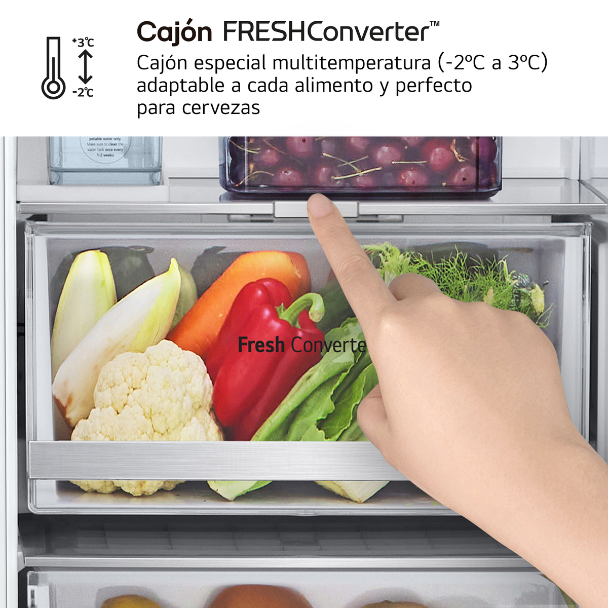 Una mano indica un cassetto del frigorifero con verdure. Il cassetto contiene peperoni rossi, cavolfiori, carote e lattuga. Il testo recita 'Fresh Converter'.