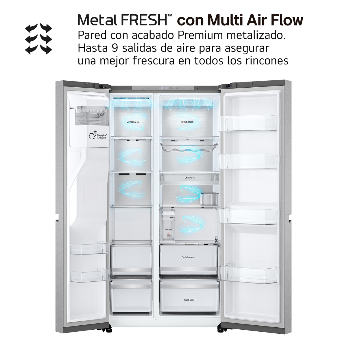 Frigorifero aperto che mostra scomparti interni. Include cassetti, ripiani ed etichette come 'Metal Fresh' e 'Fresh Zone'. Flussi d'aria fresca.
