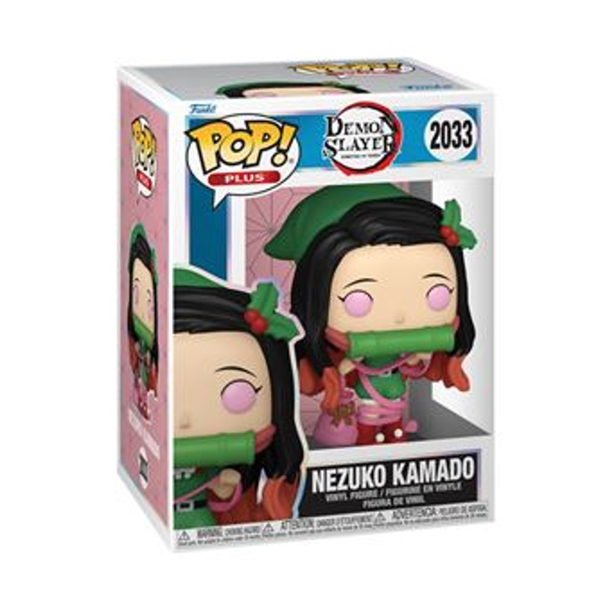 Una figura Funko Pop de Nezuko Kamado de Demon Slayer. Tiene pelo negro, atuendo verde y bozal de bambú, en una caja.