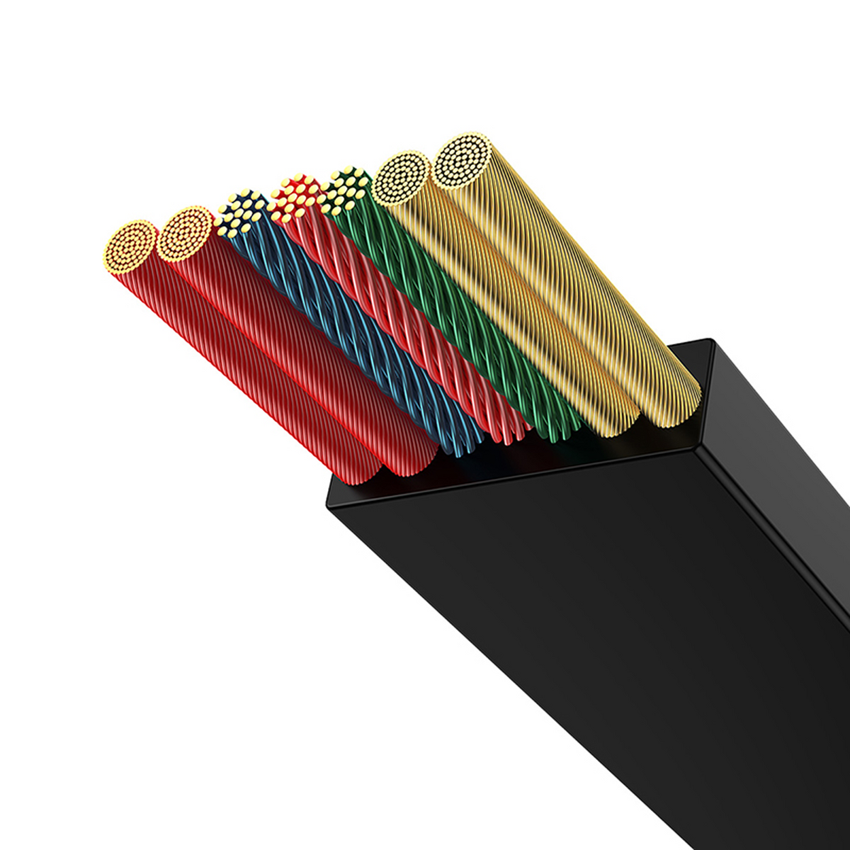 Close-up of a cable with multiple colored wires: red, blue, green, and gold, emerging from a black rectangular casing.