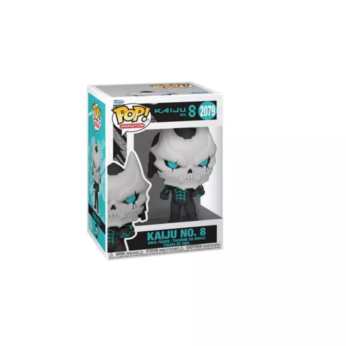 Eine Funko Pop! Vinylfigur von Kaiju No. 8. Die Figur befindet sich in einer Box. Die Figur hat einen schädelartigen Kopf und einen schwarzen Körper.