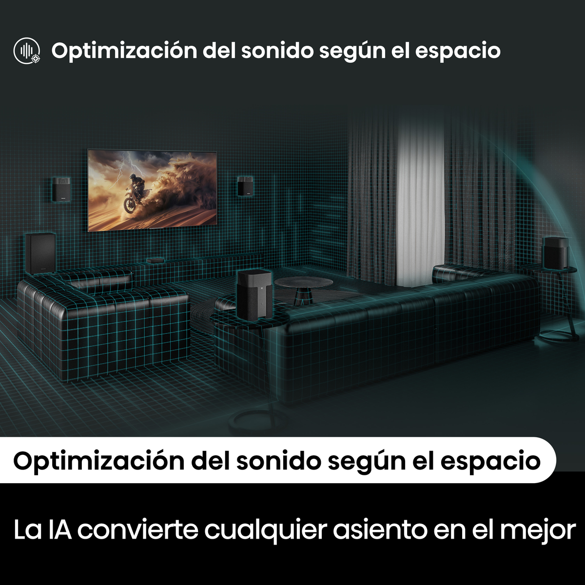 Un salon avec canapé, TV et haut-parleurs, optimisé pour le son.