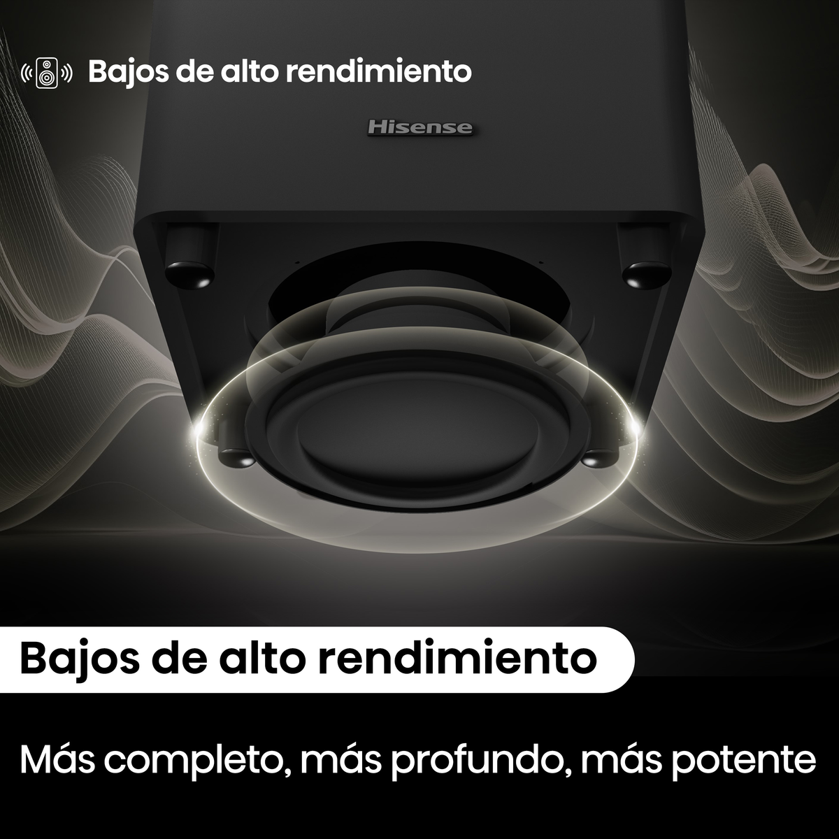 Gros plan sur une barre de son Hisense noire montrant le haut-parleur. L'image met en évidence les basses, avec du texte en bas.