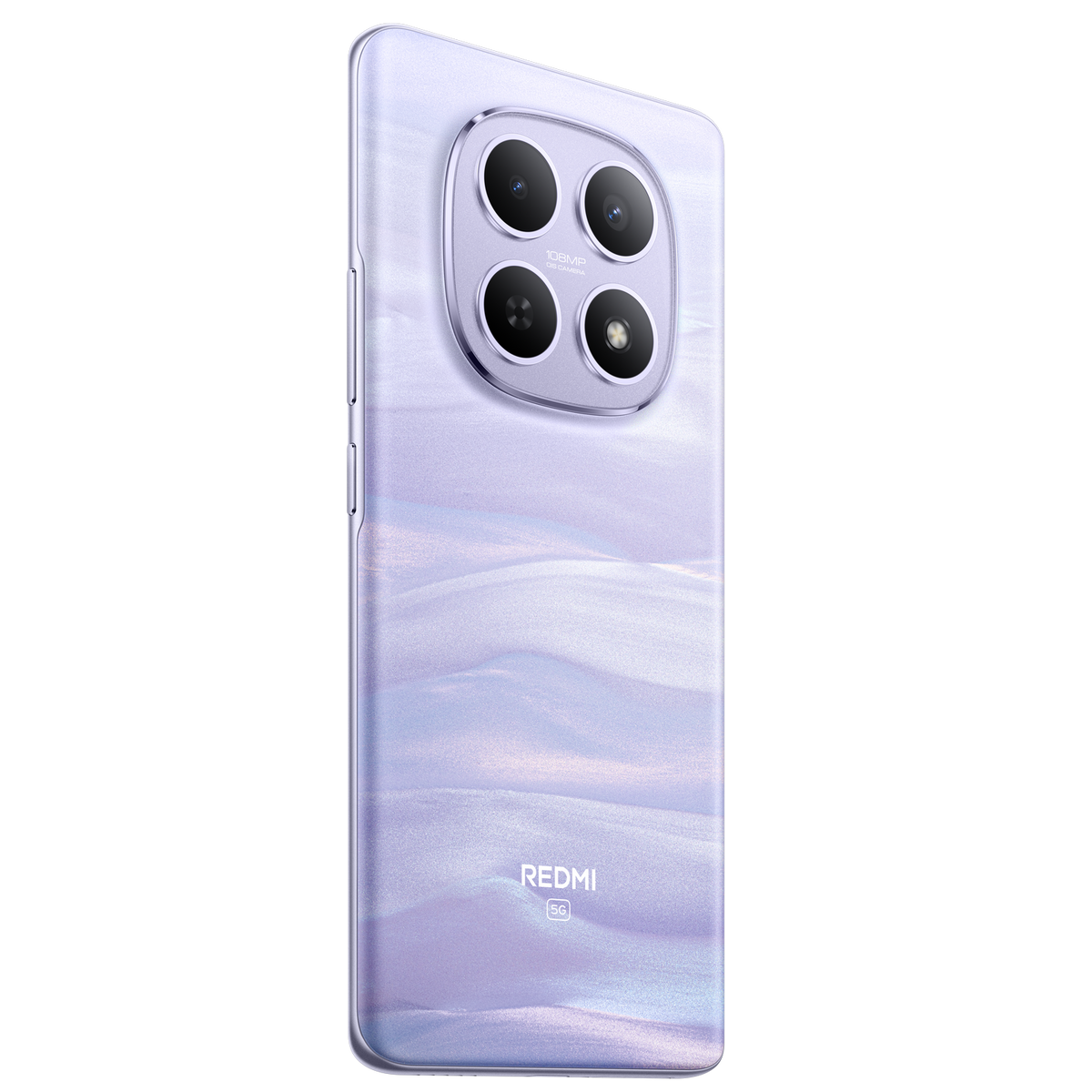 Telefon Redmi z fioletowym, marmurowym tyłem i modułem aparatu z czterema obiektywami. Tło jest czarne.