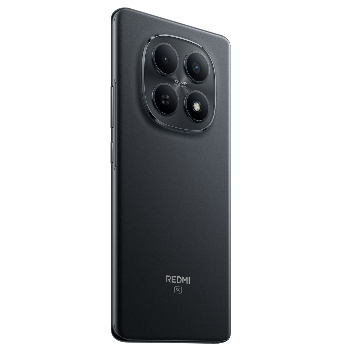 Ciemnoszary smartfon Redmi. Posiada charakterystyczny moduł kamery z czterema obiektywami. Widoczne logo Redmi i 5G.
